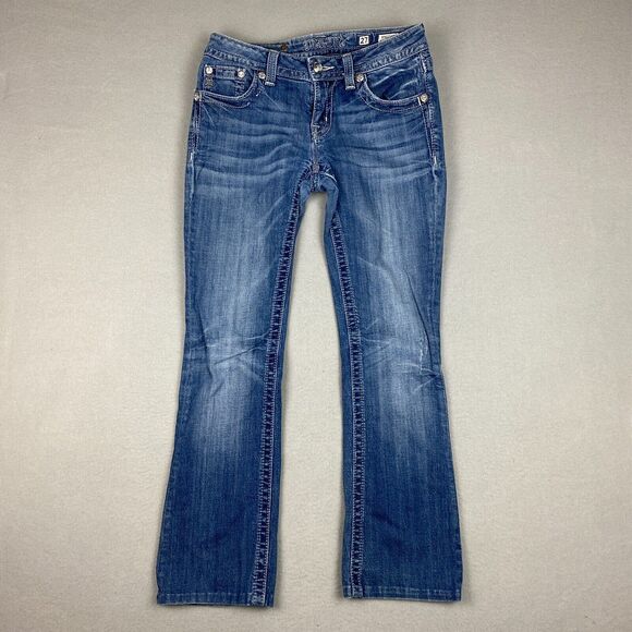 Miss Me Womens Size 27 Mid Rise Boot Jeans Rhinestone Cross Distressed MP6224BV - Picture 1 of 9